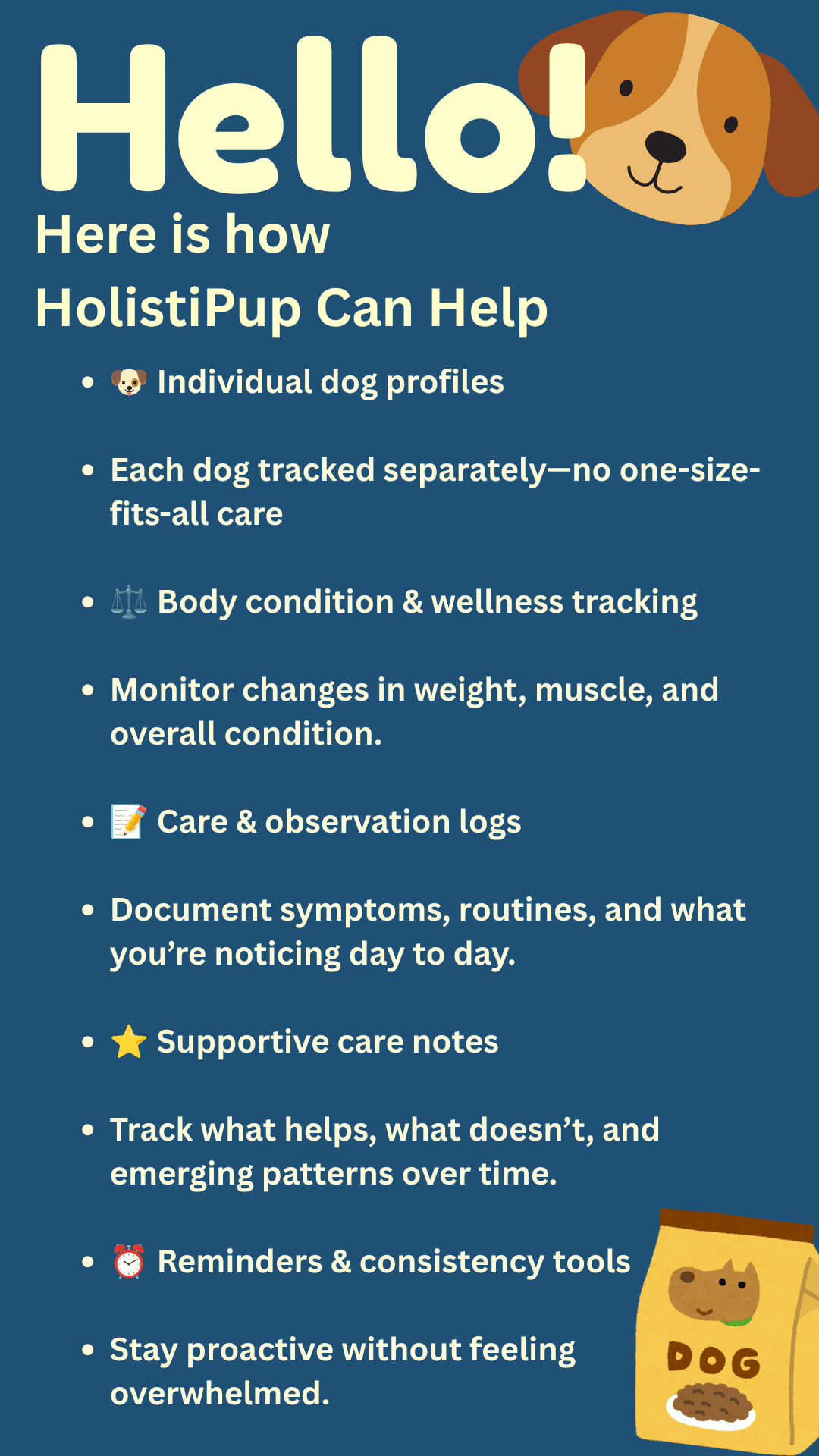 Illustrated HolistiPuP™ artwork saying track, understand, advocate and emphasizing that no two dogs are the same.